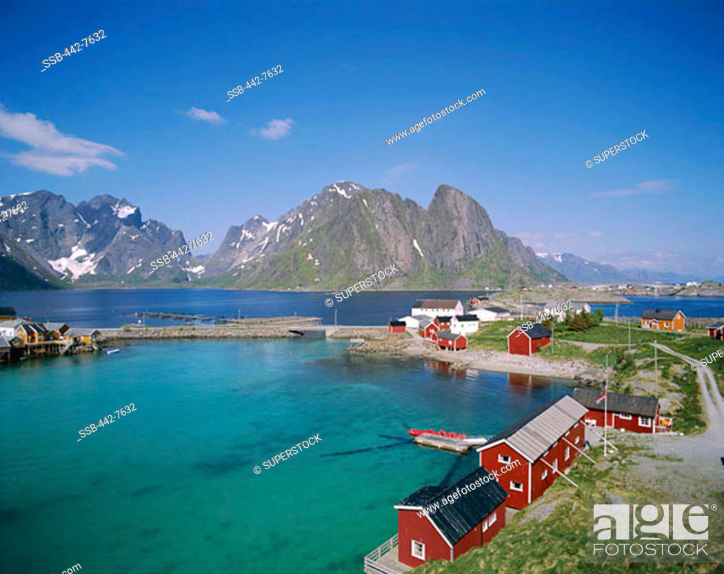Stock Photo: Town View with Fisherman's Cabins (Rorbus), Sakrisoy, Lofoten Islands, Norway.