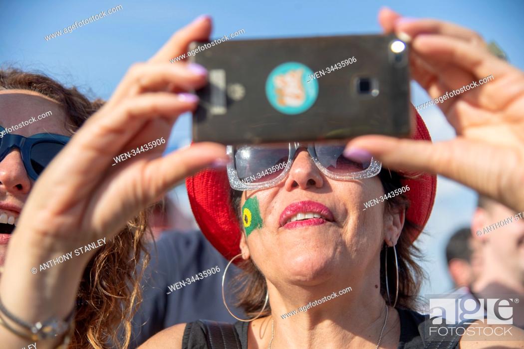 Stock Photo: Moscow Fan Festival Brazil vs Costa Rica Featuring: Atmosphere Where: Moscow, Central Federal District, Russian Federation When: 22 Jun 2018 Credit: Anthony.