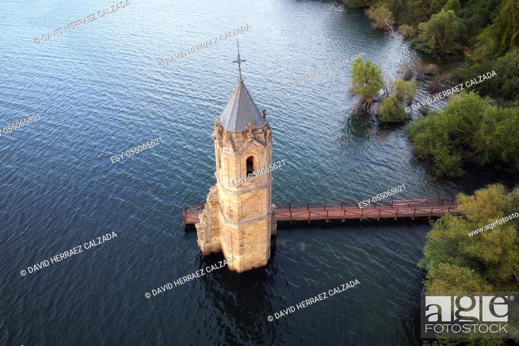 Stock Photo: Aerial view of The fish cathedral. Sunken church ruins located in the Ebro reservoir in Cantabria, in the north of Spain. High quality photo.