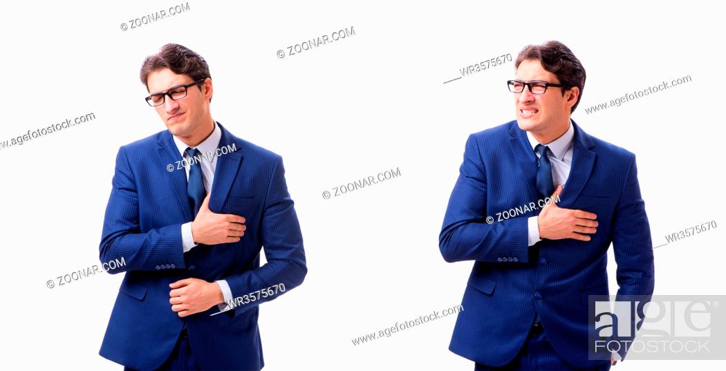 Stock Photo: Young sick and unhappy businessman isolated on white background.