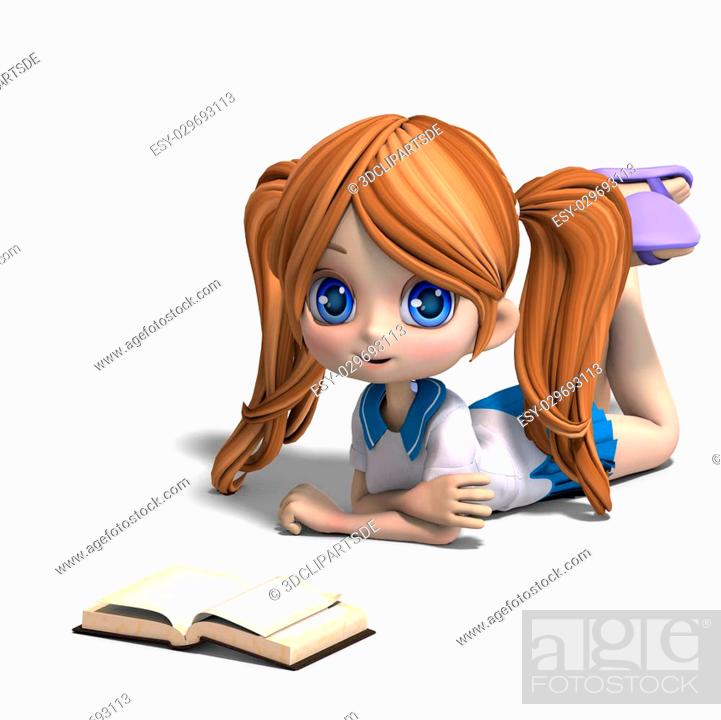 cute little cartoon school girl reads a book. 3D rendering with clipping  path and shadow over white, Stock Photo, Picture And Low Budget Royalty  Free Image. Pic. ESY-029693113 | agefotostock