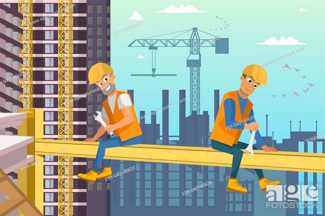Two Man Builders Sit on Beam above House construction. Cartoon Characters  Work with Tools on Crane, Stock Vector, Vector And Low Budget Royalty Free  Image. Pic. ESY-042140633 | agefotostock