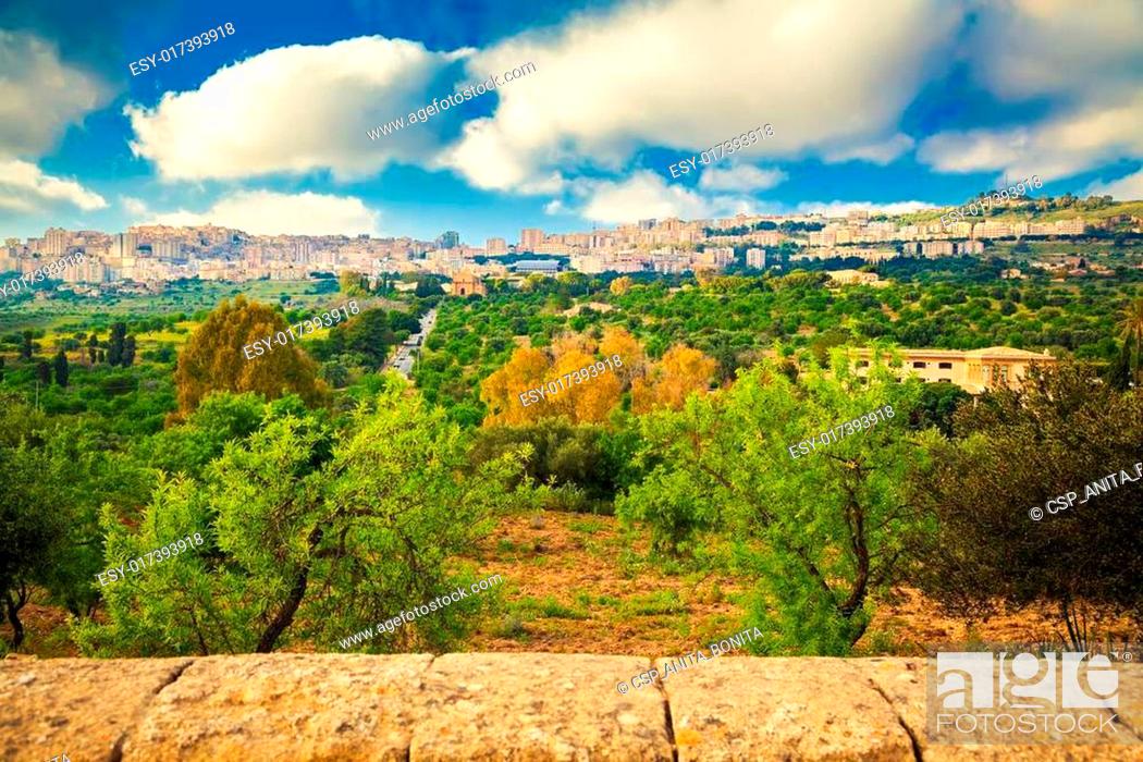 Stock Photo: Agrigento city seen from the Valley of Temples.