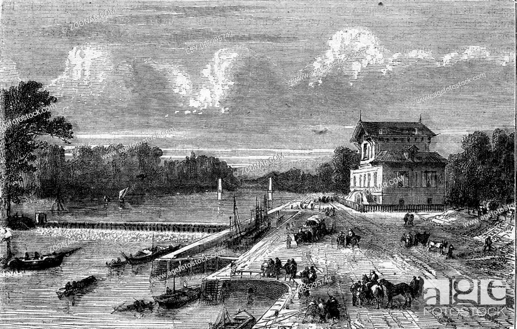 Stock Photo: Dam on the Seine at Suresnes, vintage engraved illustration. Magasin Pittoresque 1873.