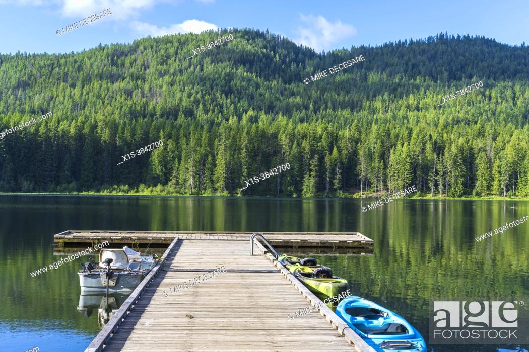 Stock Photo: Round Lake State Park, near Sagle, Idaho, is a picturesque mountain lake where fishing for rainbow trout and non motorized boating attracts outdoor enthusiiasts.