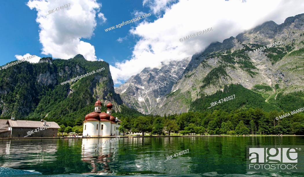 Stock Photo: Water reflection, lake Königssee with Watzmann Massif and pilgrimage church of St. Bartholomew, National Park Berchtesgaden, Berchtesgadener, Upper Bavaria.