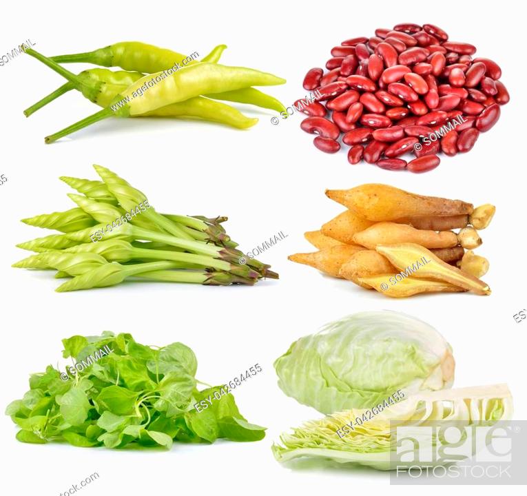 Stock Photo: spinach, Cabbage, Moonflower, red beans, Fingerroot, chili on white background.