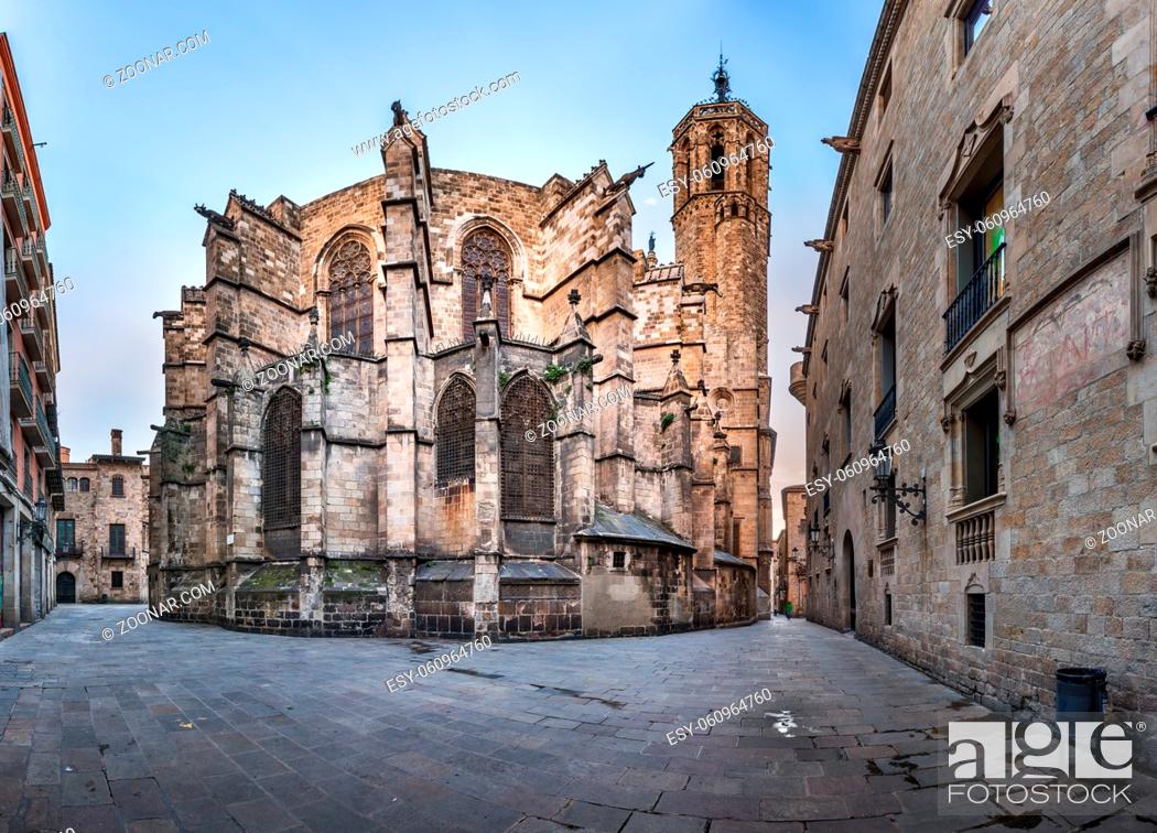 Stock Photo: Panorama of Cathedral of the Holy Cross and Saint Eulalia, View from Freneria Street, Barcelona, Catalonia, Spain.