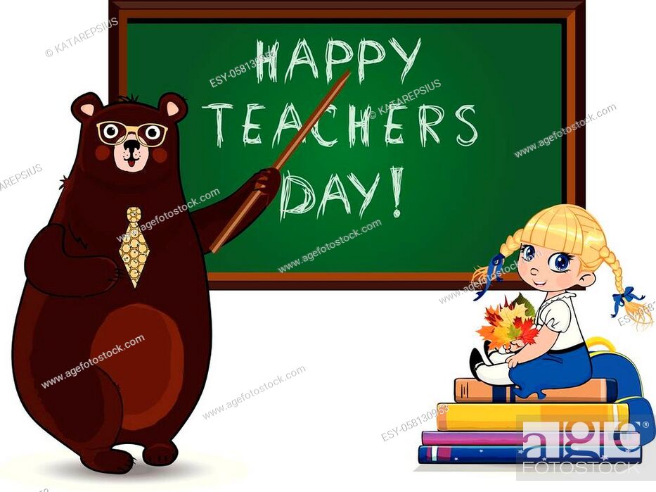 Happy teachers day vector illustration of cartoon bear teacher in glasses  and tie holding pointer..., Stock Vector, Vector And Low Budget Royalty  Free Image. Pic. ESY-058130953 | agefotostock