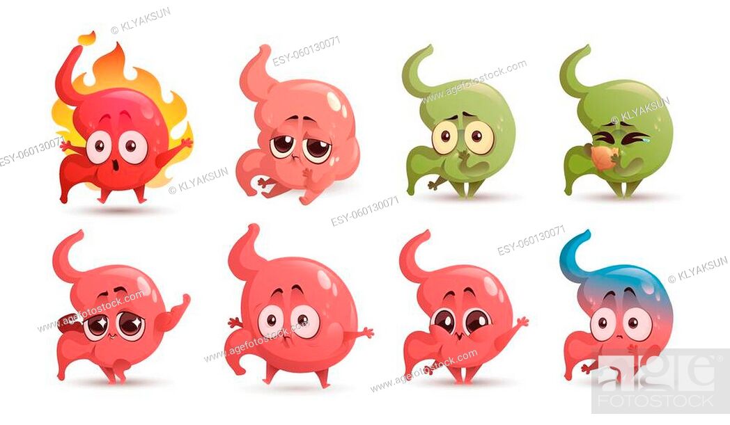 Cartoon stomach character, cute healthy and unhealthy mascot heartburn,  stomachache, Foto de Stock, Vector Low Budget Royalty Free. Pic.  ESY-060130071 | agefotostock