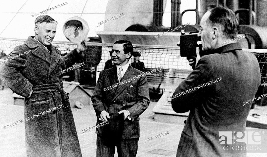 Stock Photo: Film star and comedian Charlie Chaplin, champion jockey Steve Donoghue and record breaking speed king Sir Malcolm Campbell travelling on board the Mauretania.