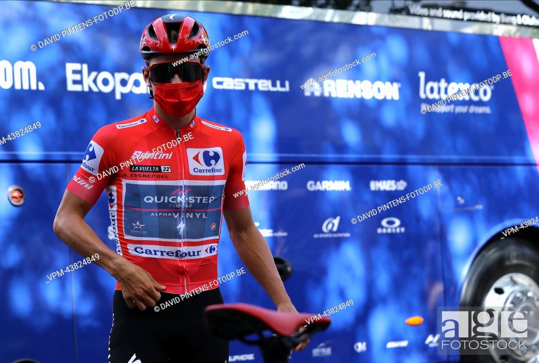 Stock Photo: Belgian Remco Evenepoel of Quick-Step Alpha Vinyl wearing the red jersey for leader in the overall ranking pictured at the start of the final stage of the 2022.