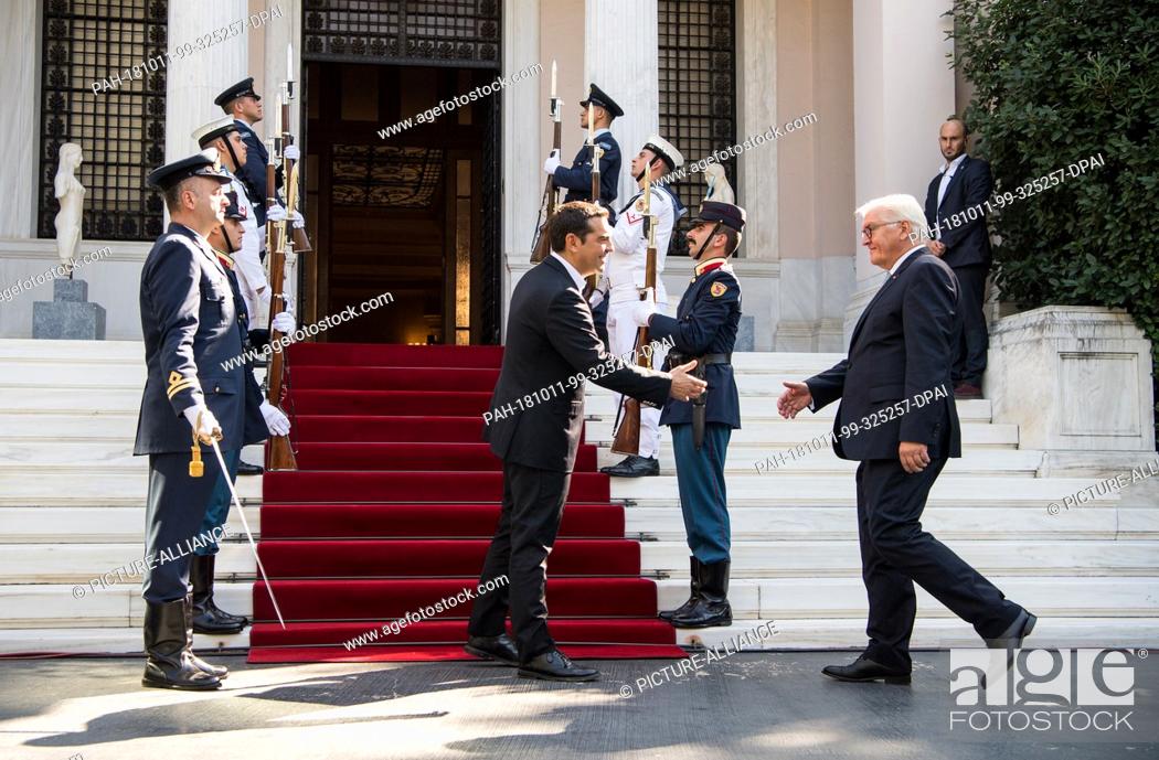 Stock Photo: 11 October 2018, Greece, Athens: Federal President Frank-Walter Steinmeier (r) and Alexis Tsipras, Prime Minister of Greece.