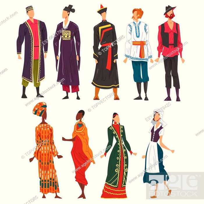 Stock Vector: People in National lothing Set, Male and Female Representatives of Countries in Traditional Outfit of Nation Cartoon Style Vector Illustration Isolated on White.