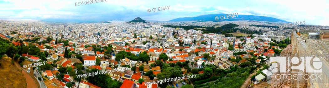 Stock Photo: Detailed Panorama of Athens Greece bird’s-eye view over the large city on a cloudy day colorful summer picturesque wide angle vast landscape.