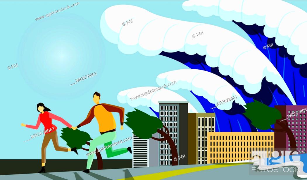 Stock Vector: Man, People, Sea, Water, Woman, Sky, Running, Accident, Life, Weather, Lifestyle, Sadness, Road, Backgrounds, Danger, Scenic, Architecture, Building, Illustration, Disaster, Damage, Structure, Earth, Warming, Disadvantage, Vector, Typhoon, Billow, Seawater, Hand Gesture