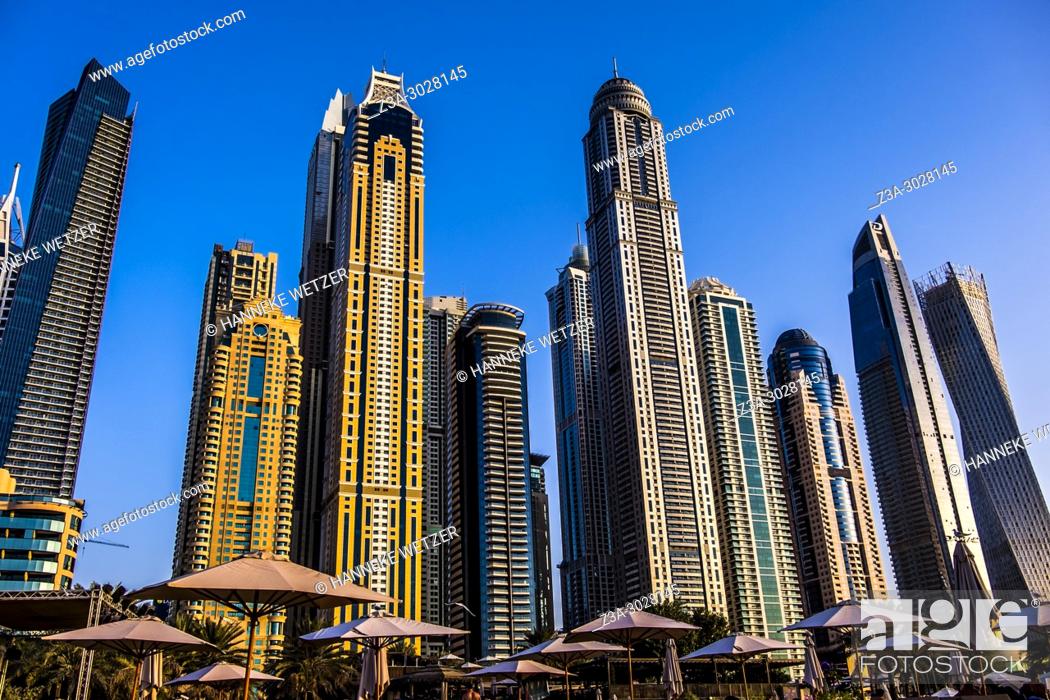 Stock Photo: Supertall skyscrapers at Dubai Marina, Dubai, UAE.