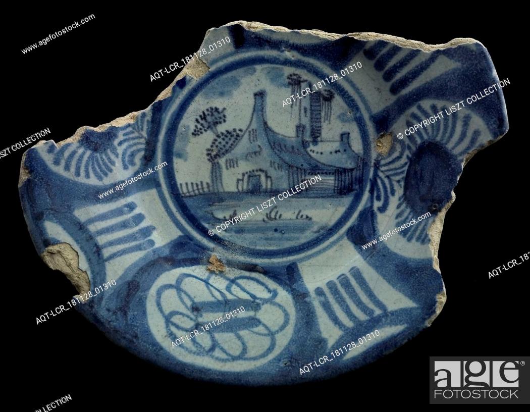 Stock Photo: Fragment majolica dish, blue on white, on mirror landscape with ruin, Edge in Wanli style, dish crockery holder soil find ceramic earthenware glaze.