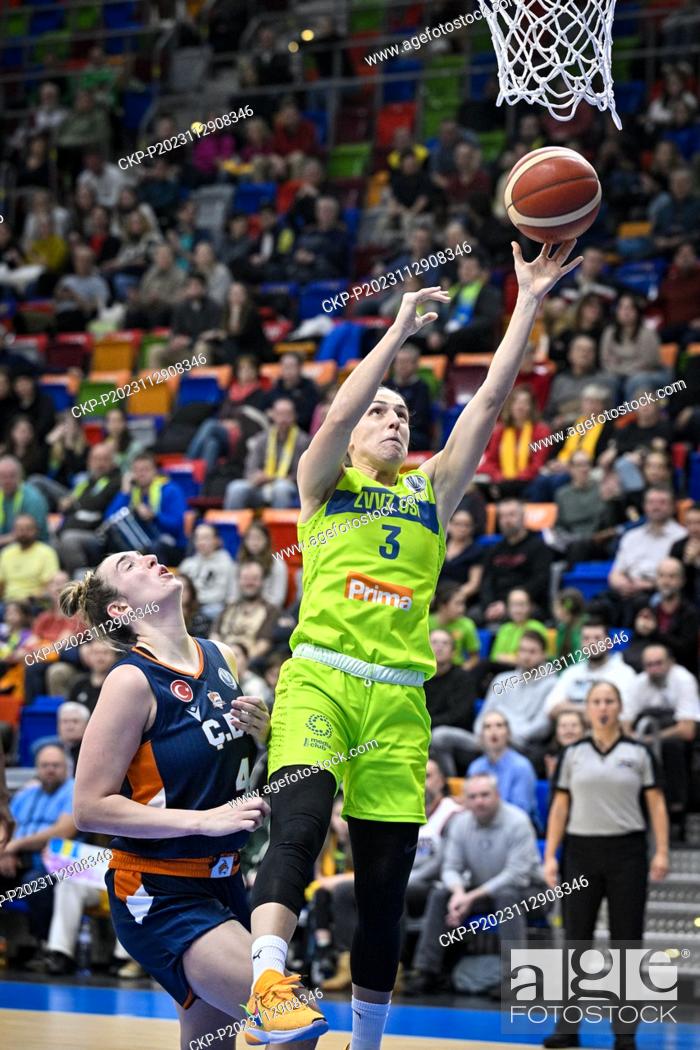 Stock Photo: L-R Marina Mabrey (Mersin) and Teja Oblak (Praha) in action during the Women's Basketball European League, Group B, 7th round.