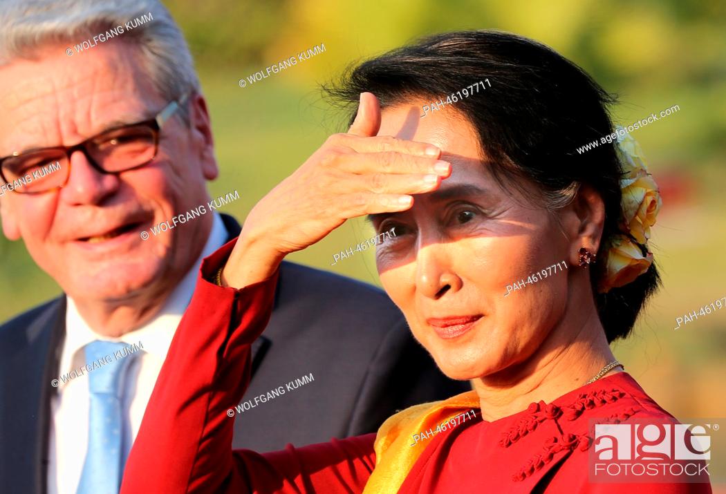 Stock Photo: German President Joachim Gauck and Burmese opposition politician Aung San Suu Kyi hold a press conference after their meeting in Naypyidaw, Myanmar.