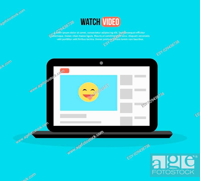 Watch video. Laptop with page site. Home page of the site to view videos  with a funny smiley design..., Stock Vector, Vector And Low Budget Royalty  Free Image. Pic. ESY-029438738 | agefotostock