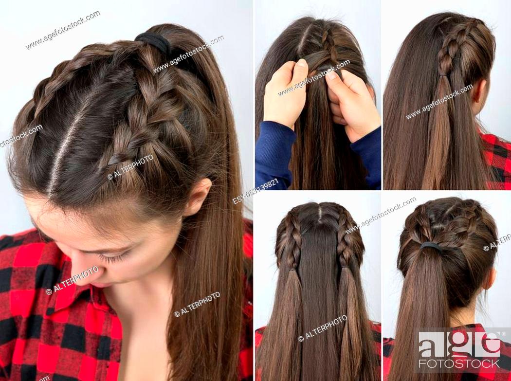 simple braided hairstyle tutorial step by step. Easy hairstyle for long hair,  Stock Photo, Picture And Low Budget Royalty Free Image. Pic. ESY-053139821  | agefotostock