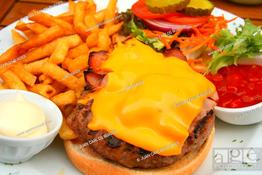 Photo de stock: mixed burger with fries, tomato, onion, lettuce, ketchup and cheese.