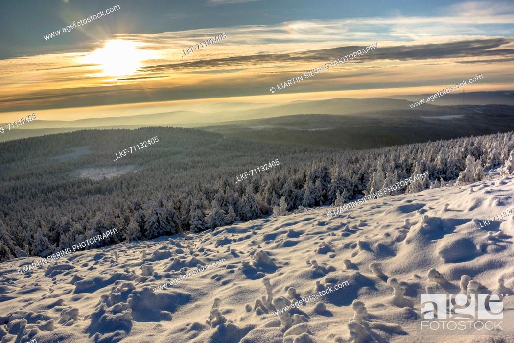 Stock Photo: Winter landscape in the evening, Schierke, Brocken, Harz, Harz national park, Saxony, Germany.