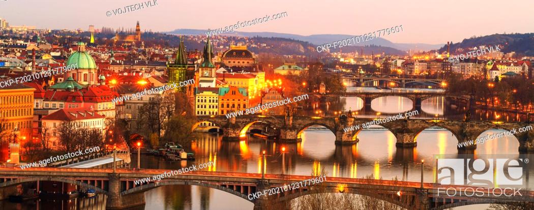 Stock Photo: Bridges over the Vltava River - Prague by night- banner, panorama, Czech Republic, April 7, 2020. (CTK Photo/Vojtech Vlk).