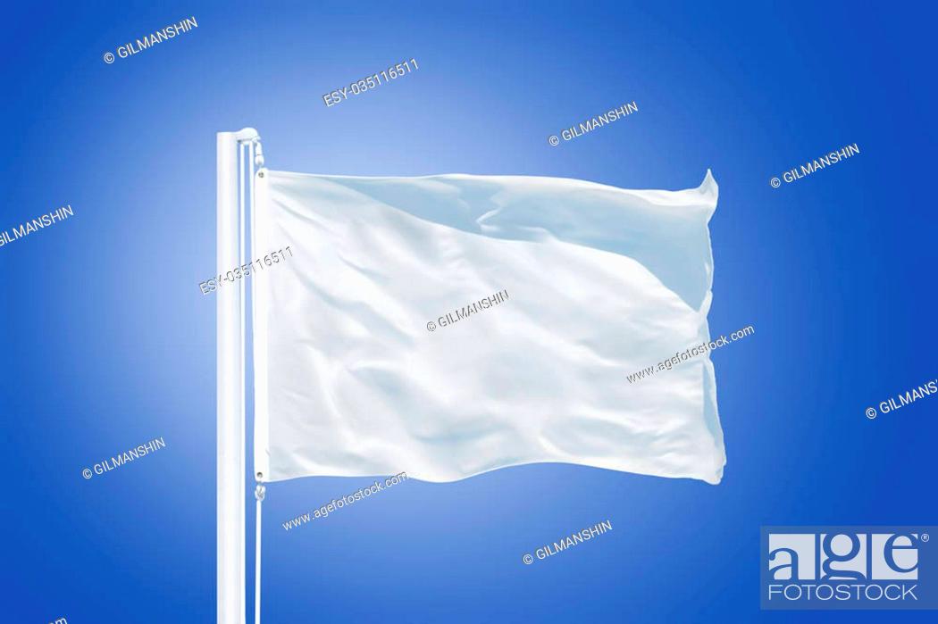 Stock Photo: White flag flying in a stiff breeze against clear blue sky.