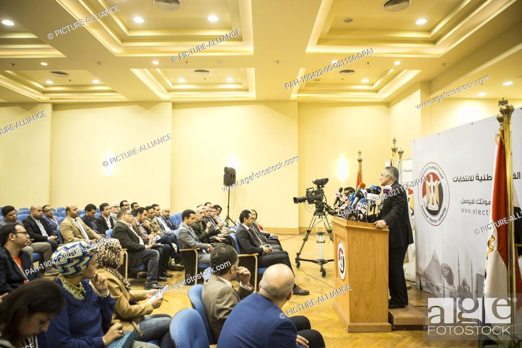 Stock Photo: 22 April 2019, Egypt, Cairo: Mahmoud Helmy el-Sherif (R), Deputy Chairman and spokesman of the Egyptian National Election Authority (NEA) speaks during a press.