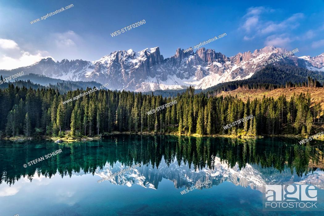 Stock Photo: Mountain massif and Karersee, Dolomites, South Tyrol, Italy.