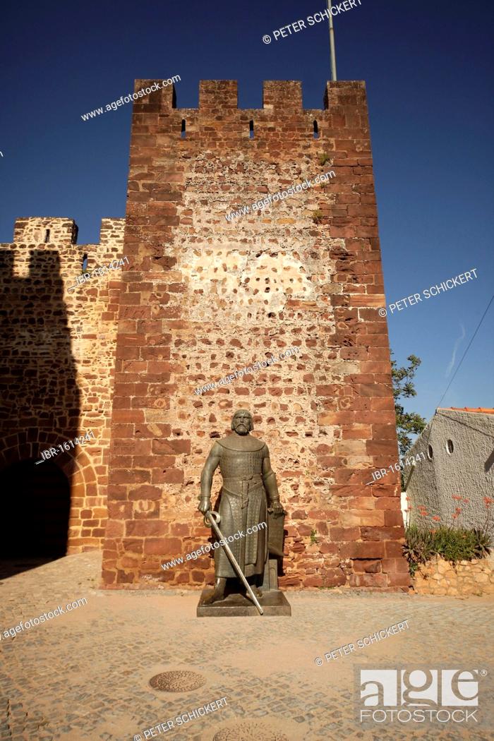 Stock Photo: Bronze statue of King Sancho I at the entrance to the Castelo dos Mouros, Castle of the Moors, in Silves, Algarve, Portugal, Europe.