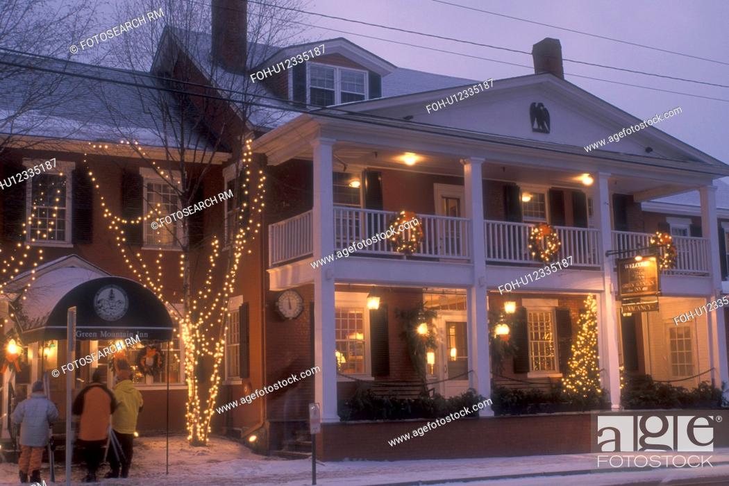 Stock Photo: inn, country inn, B&B, resort, hotel, decorations, Stowe, Christmas, evening, ski resort, holiday, snow, winter, Vermont.