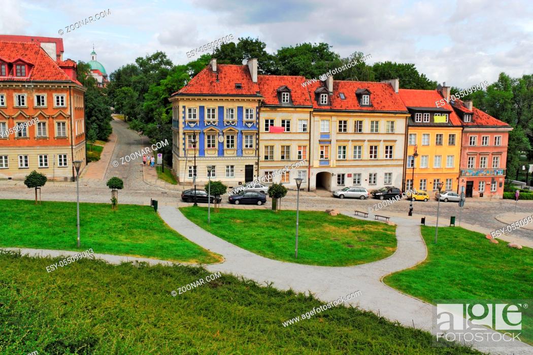 Stock Photo: Green, Building, City, Old, Architecture, House, Cloud, Shot, Grass, Eastern Europe, Town, Clean, Place, Meadow, Front, Road, Location, Panorama, Out, Facade, Living, Apartment, Flat, Roof, Residential, Square, Old Town, Poland, Real Estate, Straight