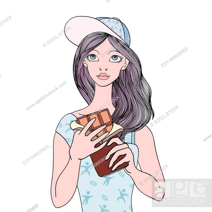 Young cute girl holding a chocolate bar. Sweet tooth. Vector portrait  illustration, Foto de Stock, Vector Low Budget Royalty Free. Pic.  ESY-040693603 | agefotostock