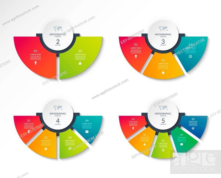 Vector: Set of business infographic semi circle templates with 2, 3, 4, 5 options. Can be used as a chart, workflow layout, diagram, data visualization.