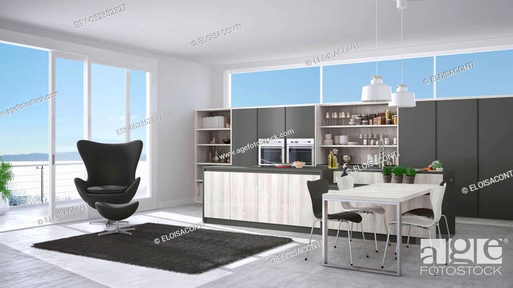Stock Photo: Modern white and gray kitchen with wooden details, big window with sea or lake panorama.