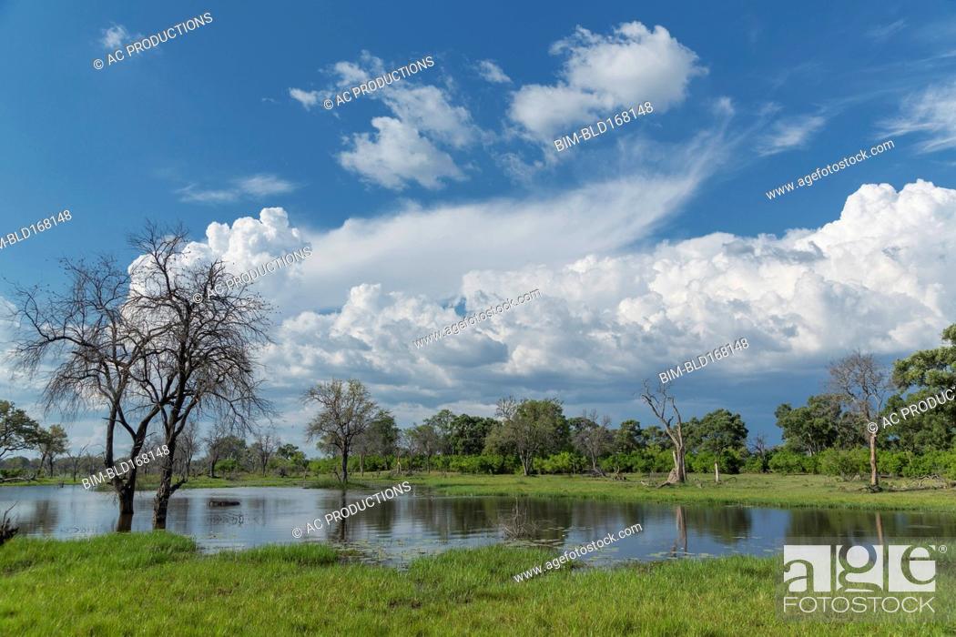 Stock Photo: Clouds over pond in remote landscape.