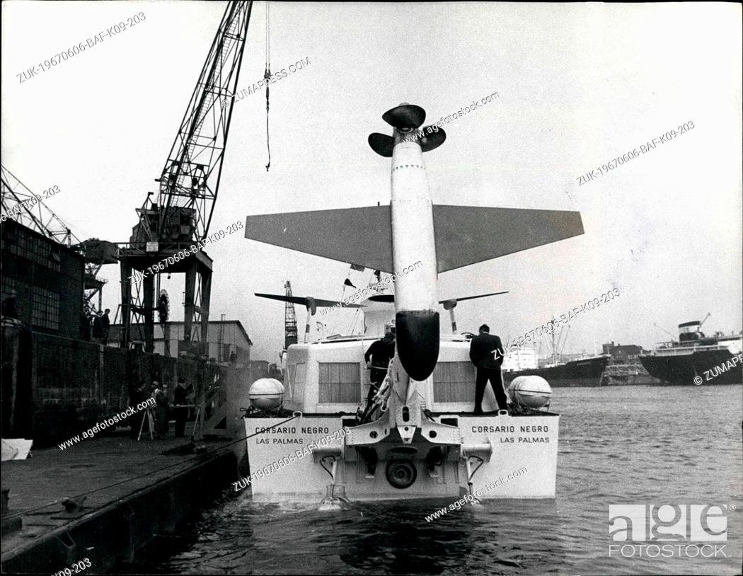Stock Photo: Jun. 06, 1967 - Germany's Latest Aircraft-Wing Boat Built For Spanish Shipping Line: Called 'Black Pirate' this new type of aircraft-wing boat will shortly be.