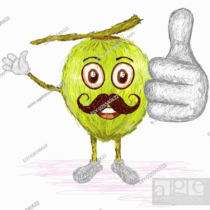 unique style illustration of funny, happy cartoon green coconut fruit with  mustache waving, Stock Vector, Vector And Low Budget Royalty Free Image.  Pic. ESY-028540622 | agefotostock