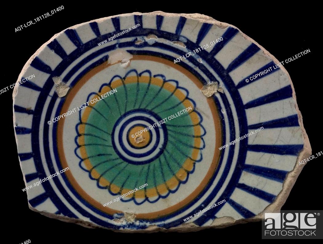 Stock Photo: Fragment majolica dish; polychrome, rosette and fan motif over the edge, plate crockery holder soil find ceramic earthenware glaze.
