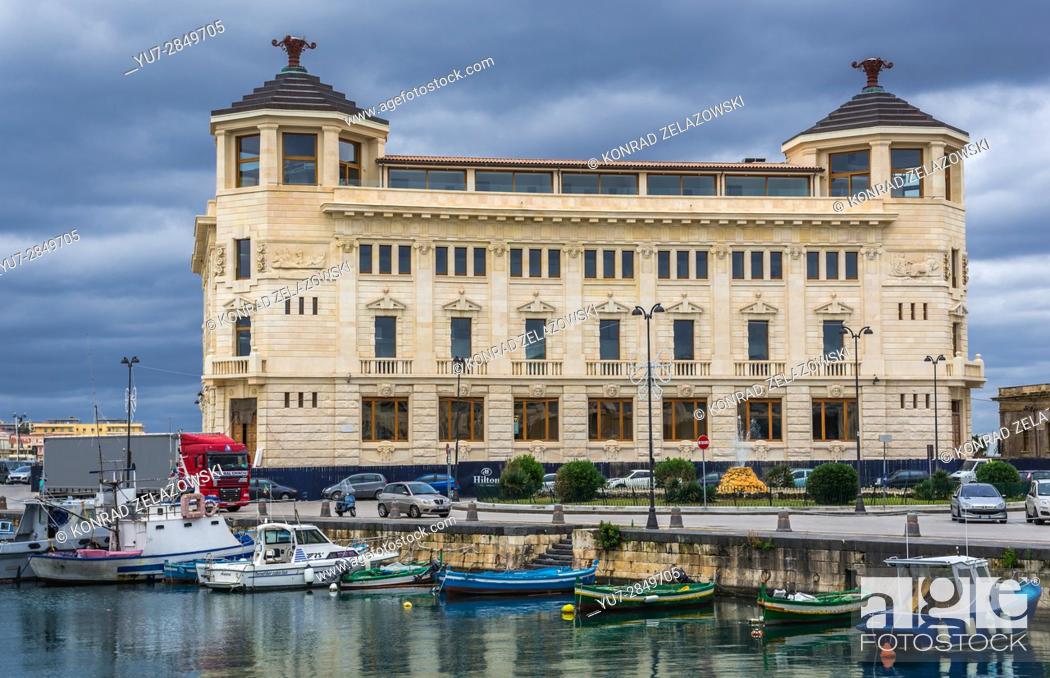 Stock Photo: Old Post Office building on the Ortygia island, historical part of Syracuse city, southeast corner of the island of Sicily, Italy.