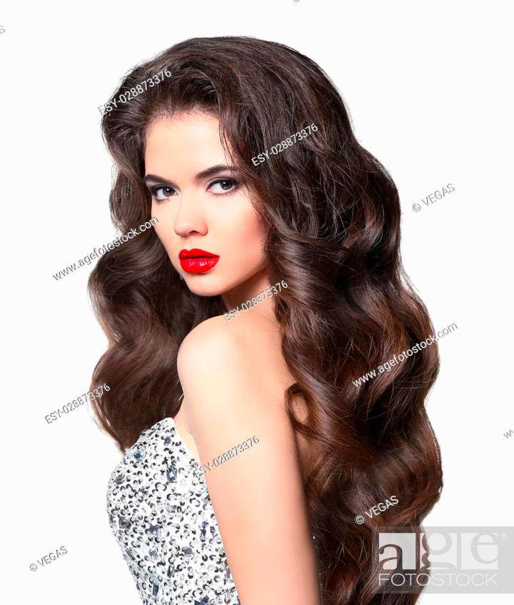 Wavy hair. Beautiful bride brunette young woman model with healthy long  brown hairstyle and red lips..., Stock Photo, Picture And Low Budget  Royalty Free Image. Pic. ESY-028873376 | agefotostock