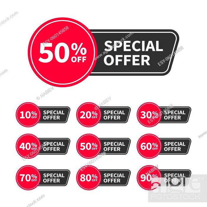 Vector: Modern sale tags or banners set with text Today Offer for use in ad, web and print design. Trendy badges template, up to 10, 20, 30, 40, 50, 60, 70, 80.