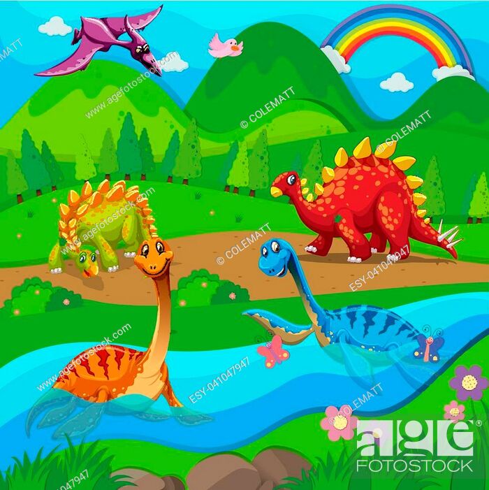 Stock Vector: Background scene with dinosaurs by the river illustration.