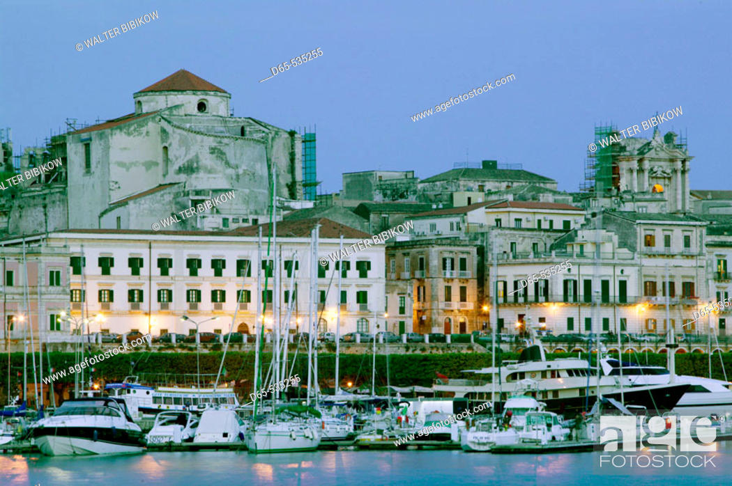 Stock Photo: Evening View of Ortygia Island from Commercial Port, Syracuse. Sicily, Italy.