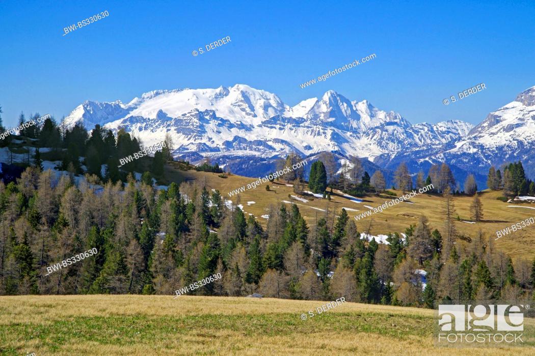 Stock Photo: view from Armentara Alp to Marmolada and Sas dla Crusc, Italy, South Tyrol, Dolomites.
