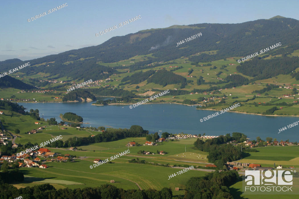 Stock Photo: 10650199, mountains, canton Freiburg, Lac de la Gruyere, scenery, aerial photo, Switzerland, Europe, lake, sea,.