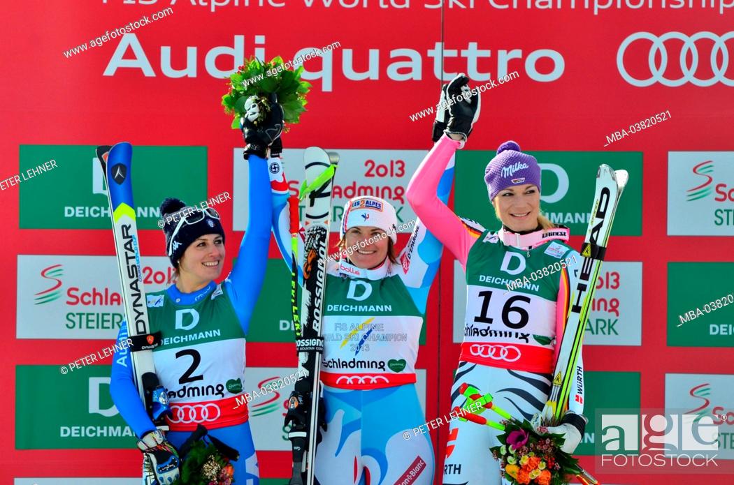 Stock Photo: Austria, Styria, Schladming, ski world championship, ski racers, stage, victory ceremony,.